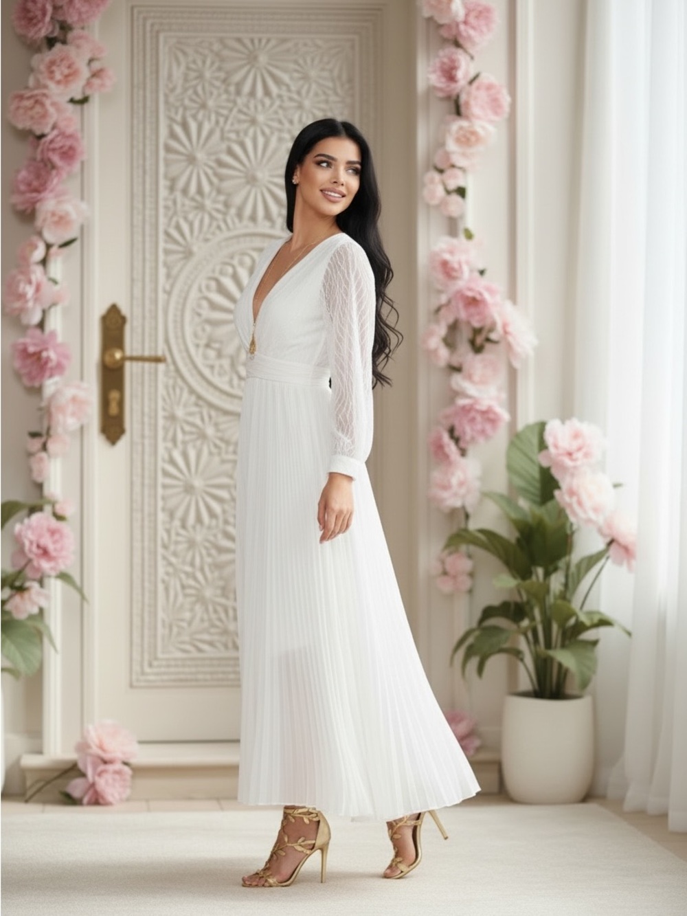 V-Neck White Pleated Maxi Dress with Sheer Long Sleeves - Picture 4 of 10